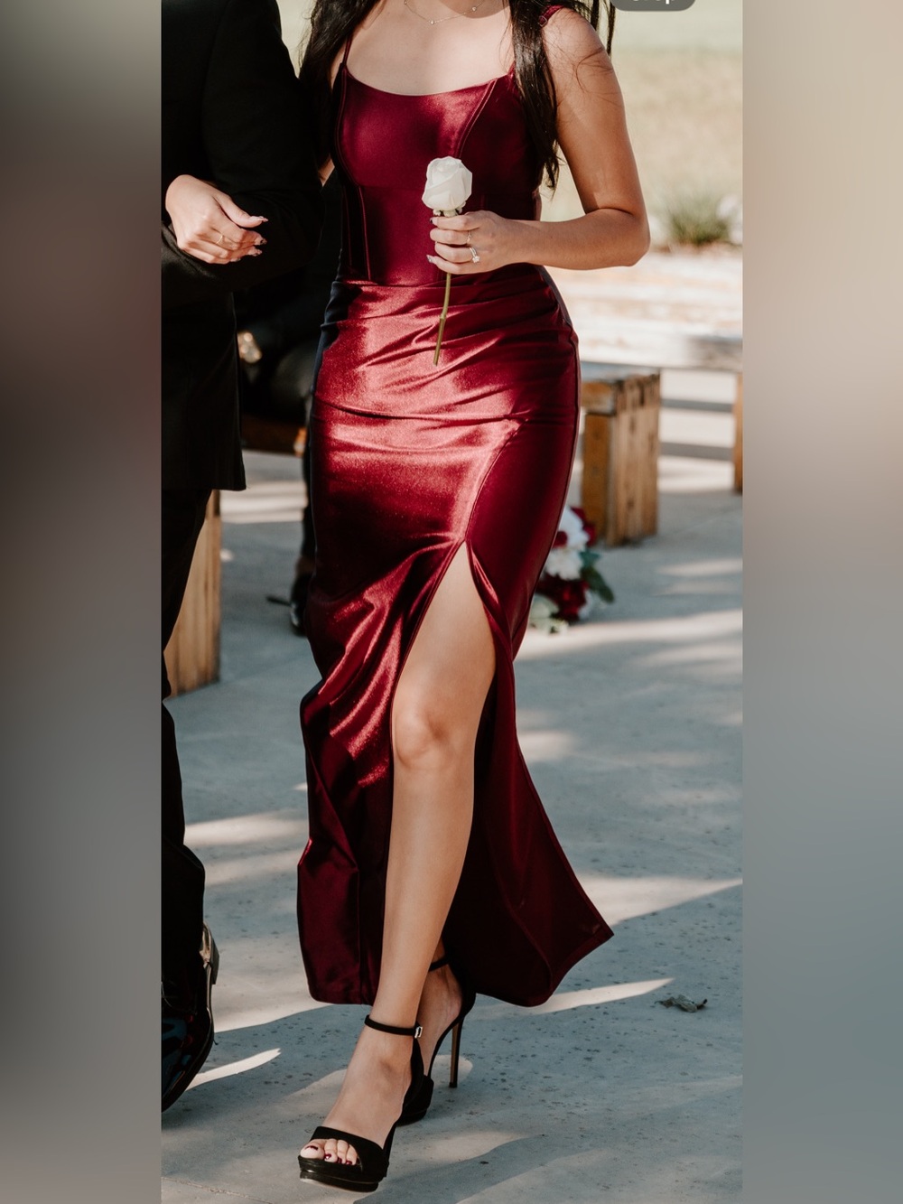 Sleeveless Wine High-Low Evening Dress with Front Slit